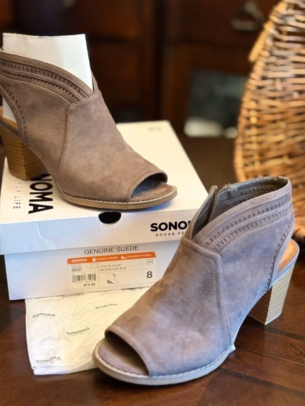 NIB Sonoma Genuine Suede Peep Toe Slingback Heels Taupe / Tan Size 8